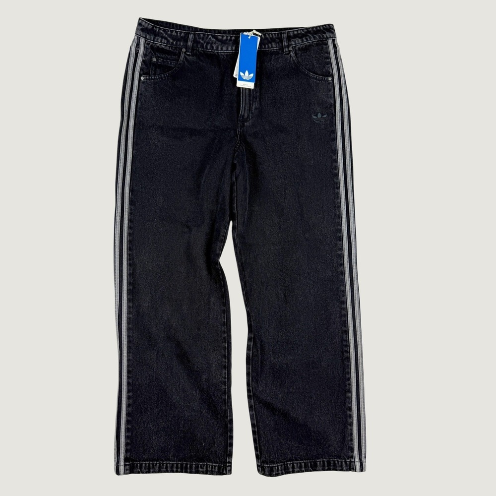 Adidas Black Denim 3 Stripe Wide Jean Size 32X32 (fit like 35x31) Womens JD3109
